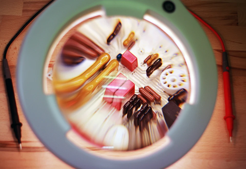 Close-up of an amplifier board in the manufactory